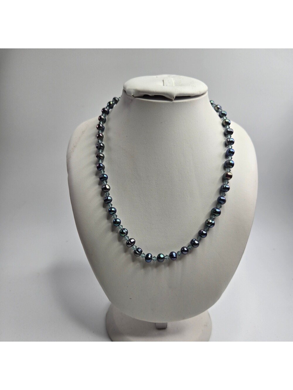 Vintage Black Freshwater Pearl Crystal Beaded Necklace Sterling Silver Clasp